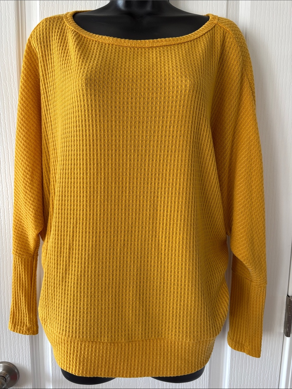 Relaxed Waffle Knit Scoop Neck Sweater in Mustard